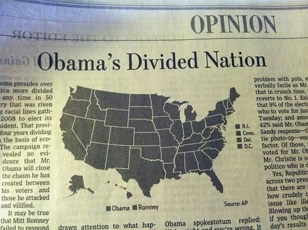 Como esse mapa eleitoral americano que foi feito em cores, mas impresso em um jornal somente em preto e branco.