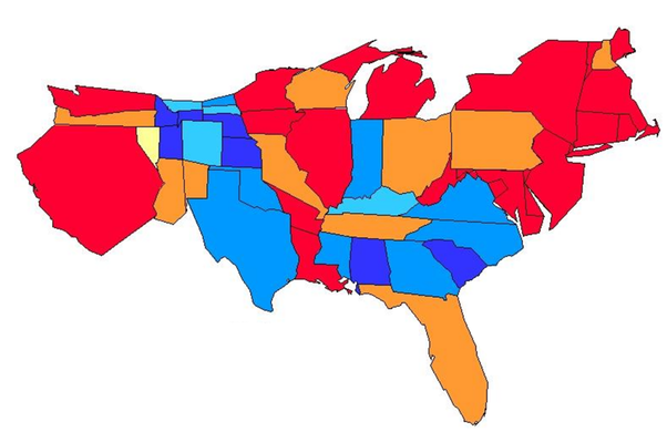 Mapa dos Estados Unidos caso os estados estivessem apenas horrivelmente fora de proporção!