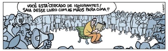 Charge de Laerte em que um leitor é ameaçado por uma turba de imbecis
