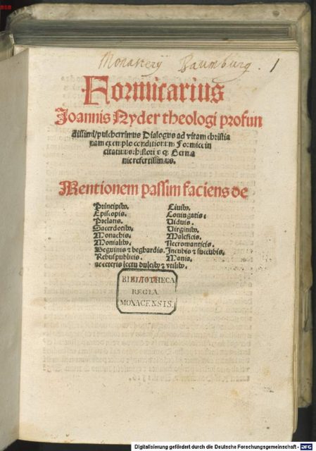 Frontispício da primeira edição do Formicarius, publicado em Basiléia, no século XVI.
