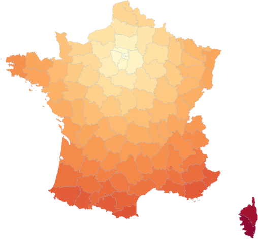 Como este mapa que mostra a distância relativa a Paris de cada departamento francês.