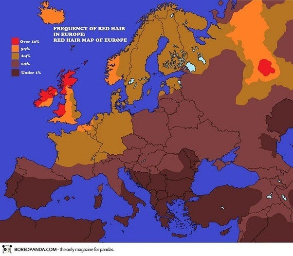 Esse mapa com a percentagem de ruivos na Europa pode não ser muito útil (a menos que você esteja caçando um/a para casar), mas é pelo menos interessante e reflete uma informação real.